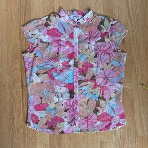 Roper Sheer Floral Snap Button-Up in Pink, Blue & Brown